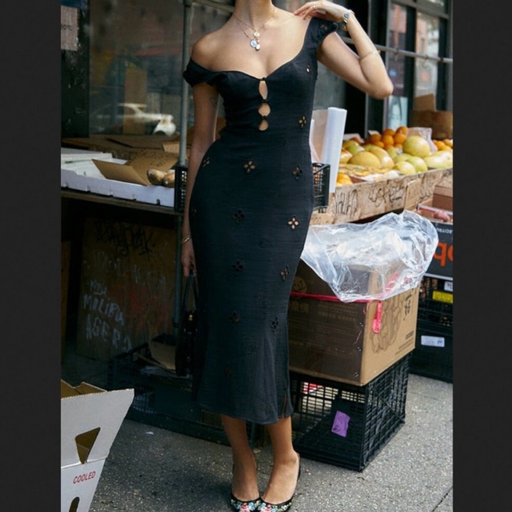 Commense Small Black Keyhole Neck Midi Dress Floral Sheer Pattern